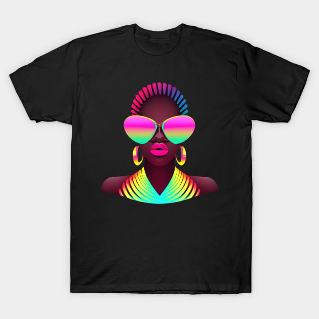 Retro African Woman Beautiful Pink Neon Black History Colorful T-Shirt by BetterManufaktur